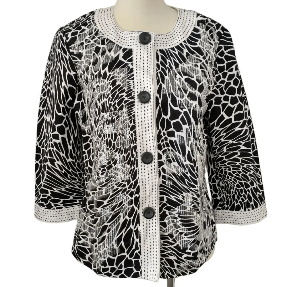 Chicos Floral Sequin Jacket S White Black Embellished 3/4 Sleeve Button‎ Front
